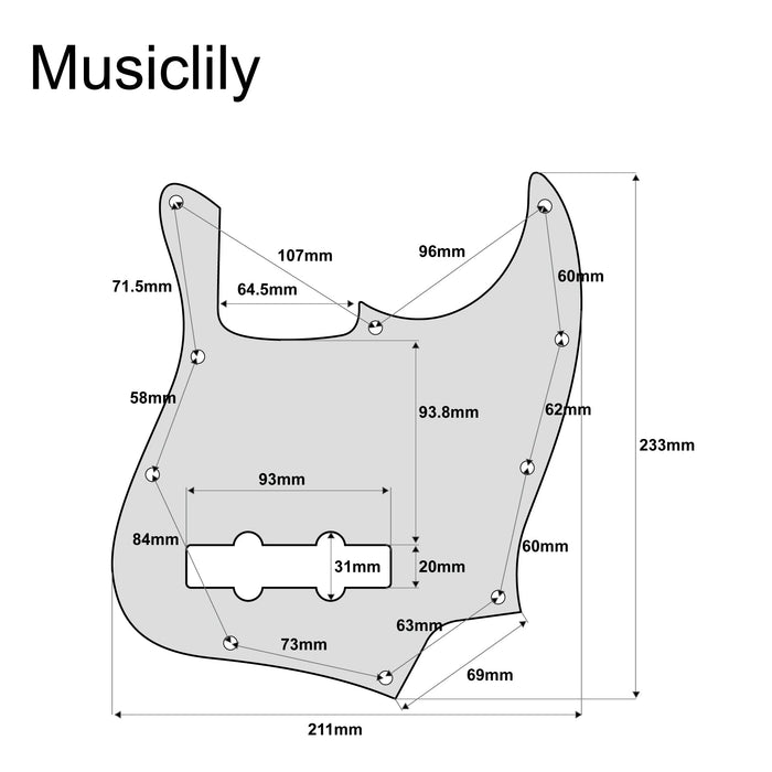 Dimensions of musiclily ultra 10 holes anodized aluminum j bass pickguard for american fender standard jazz bass mx3391ag