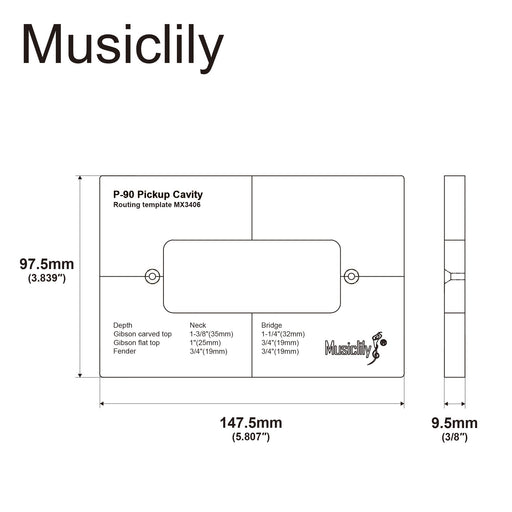 Dimensions of musiclily pro cnc accurate acrylic p90 pickup routing template for electric guitar body mx3406