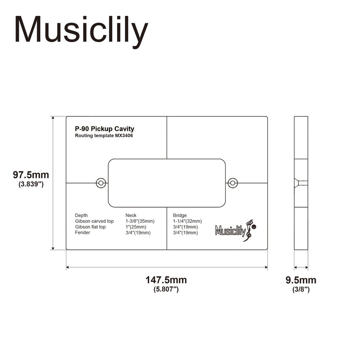 Dimensions of musiclily pro cnc accurate acrylic p90 pickup routing template for electric guitar body mx3406