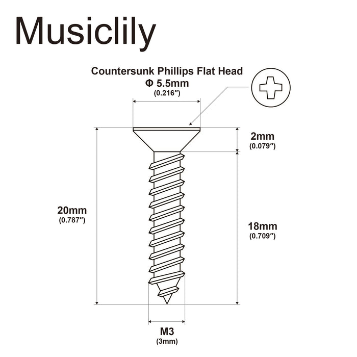Dimensions of musiclily pro m3x20mm stainless steel countersunk phillips flat head wood screws for electric guitar bass routing templates mx3407 10
