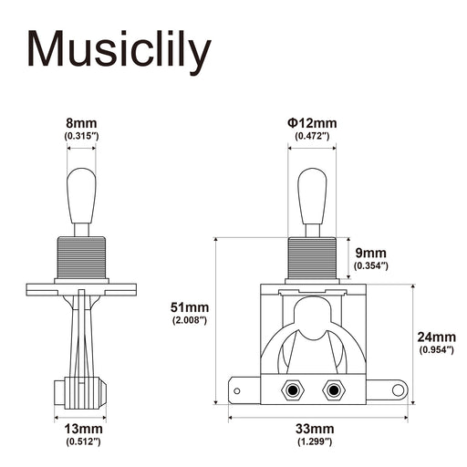 Dimensions of musiclily pro pre wired 3 way pickup select toggle switch soldered with metal braided wires for epiphone lp style electric guitar mx3413nk