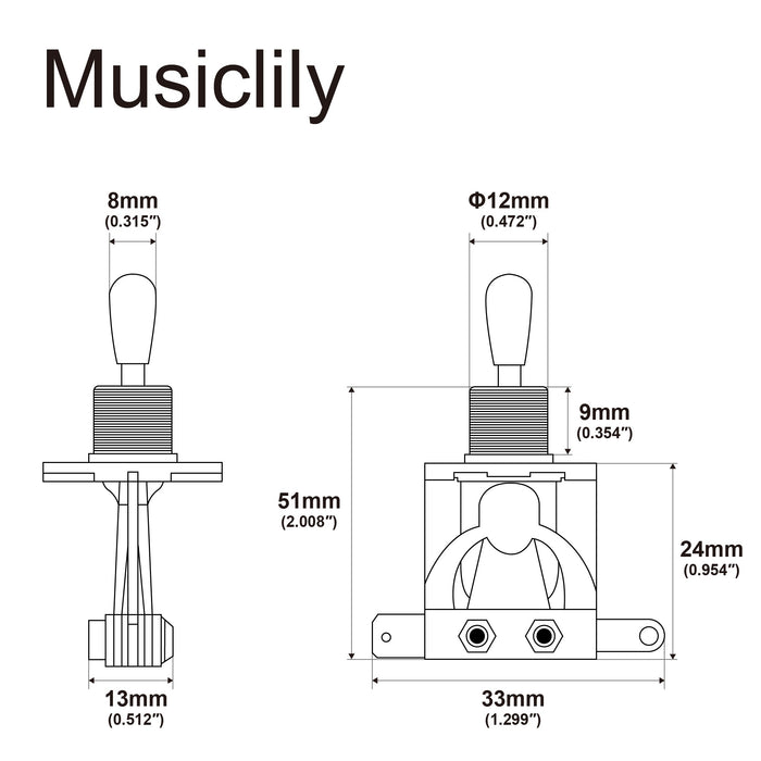 Dimensions of musiclily pro pre wired 3 way pickup select toggle switch soldered with metal braided wires for epiphone lp style electric guitar mx3413nk