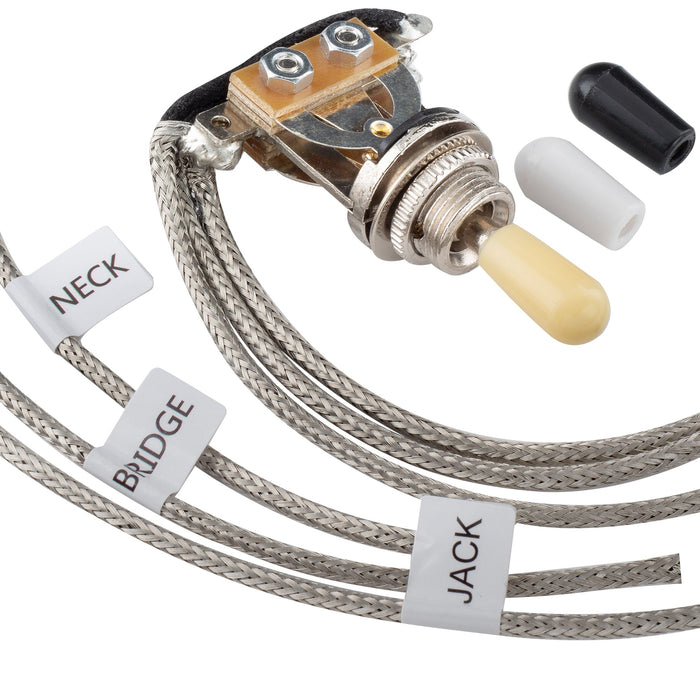 detail of musiclily pro pre wired 3 way pickup select toggle switch soldered with metal braided wires for epiphone lp style electric guitar mx3413nk