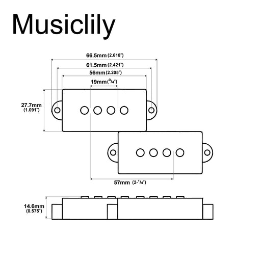 Dimensions of musiclily pro pb 60s alnico 5 single coil pickups set 10 5k for precision bass style bass mx3426bk