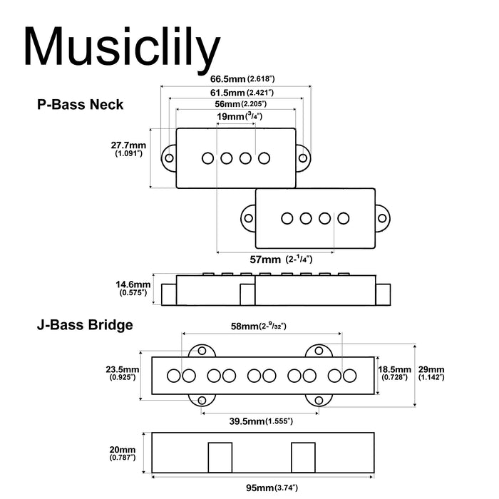 Dimensions of musiclily pro pjb 6070s alnico 5 single coil neck bridge pickups set 10 5k 7 9k for pj bass mx3426bkmx3428bk
