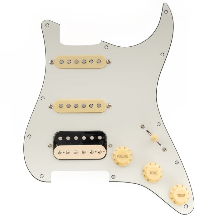 musiclily pro se st hss 60se pre wired pickguard with alnico 5 pickups 5 way switch for strat style electric guitar mx3435p, aged white