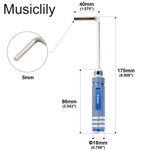 Dimensions of musiclily pro hardened steel metric 5mm allen key hex wrench for guitar bass truss rod adjustment mx3464mx3469