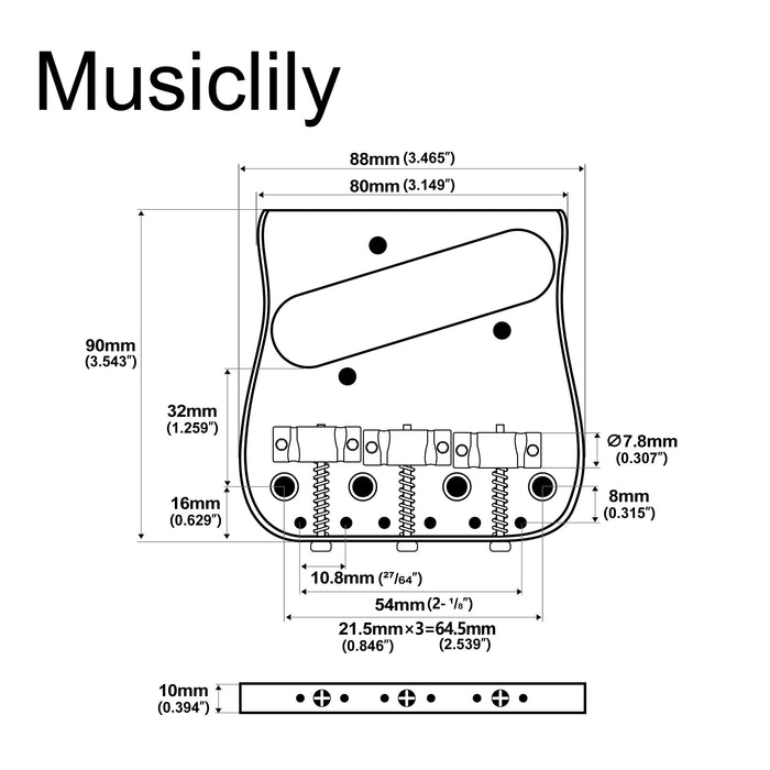Dimensions of musiclily ultra left handed 54mm2 1 8 inch string spacing dual load curved tele guitar bridge with full solid brass plate and wave style compensated 3 saddle mx3265p