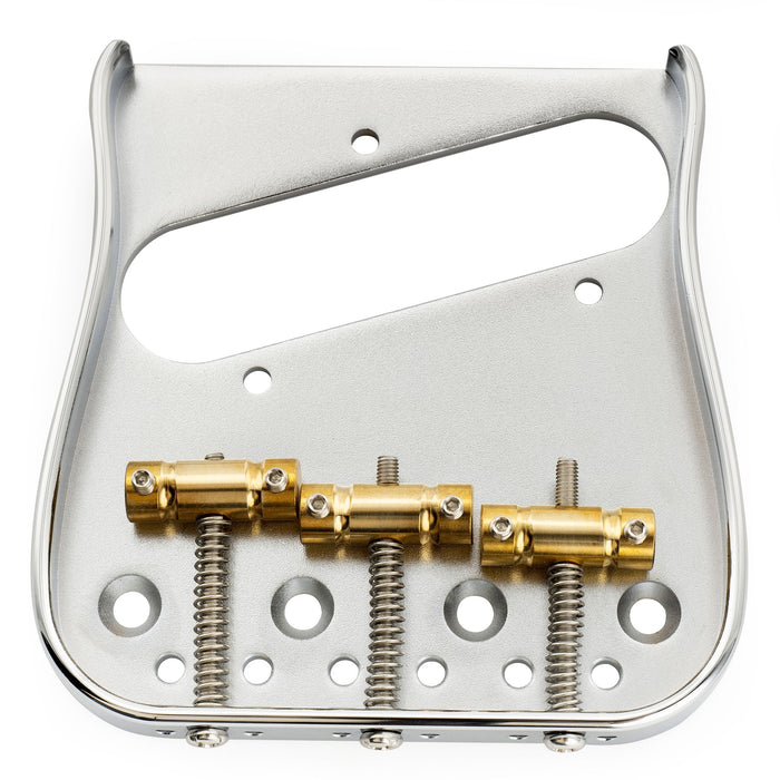 detail of musiclily ultra left handed 54mm2 1 8 inch string spacing dual load curved tele guitar bridge with full solid brass plate and wave style compensated 3 saddle mx3265p