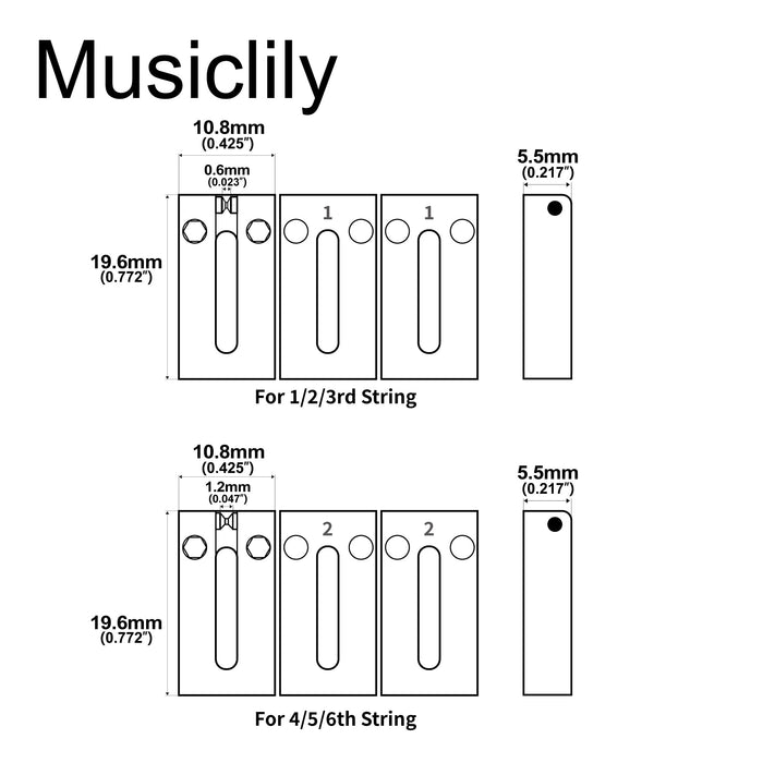 Dimensions of musiclily ultra 10 8mm full solid brass modern style roller saddles for strat tele style electric guitar bridge mx3494 3mx3495 3p