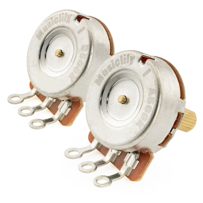 Musiclily Pro HD A500K+B500K Pots de Latón Eje Corto Dividido de 1/4 Pulgada Cono Logarítmico-Lineal para Guitarra Estilo ST Tele PB JB Eléctrica y Bajo (Juego de 1A1B)
