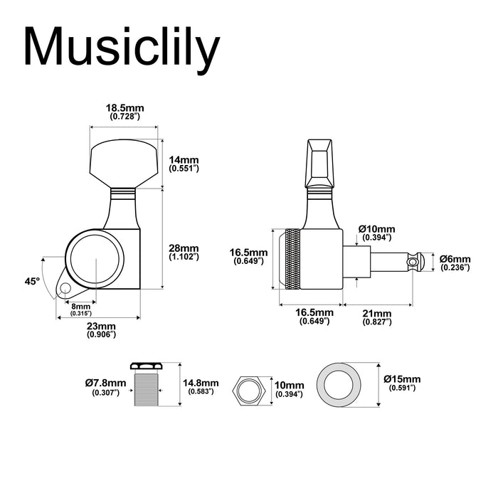 Musiclily Pro R18K 左利き用 6-in-line 18:1比 完全密封式ロック付きマシンヘッド チューナー チューニングペグキー 六角ボタン 45度ネジ Strat Teleスタイルエレキギター用