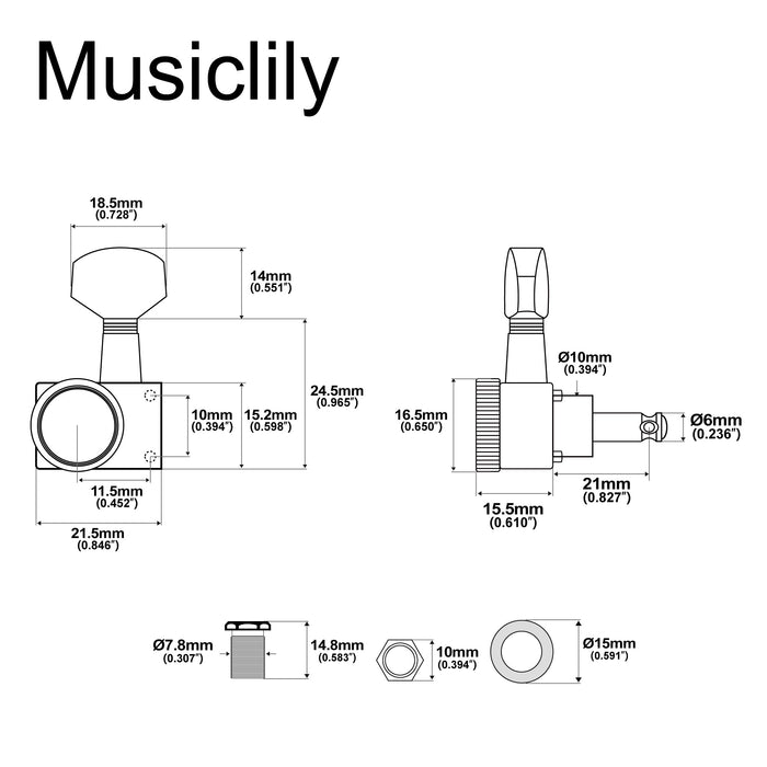 Musiclily Pro R18K 左利き用 6-in-line 18:1比 2ピン完全密封式ロック付きマシンヘッド チューナー チューニングペグキー 六角ボタン Fender Strat Teleスタイルエレキギター用