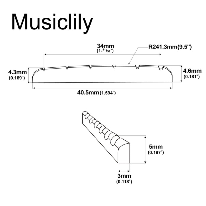 6弦スクワイアーアフィニティーストラトテレスタイルのエレキギター用ミュージックリリーPro 40.5x3x5mmフラットボトムスロット入り骨製ナット(2個セット)
