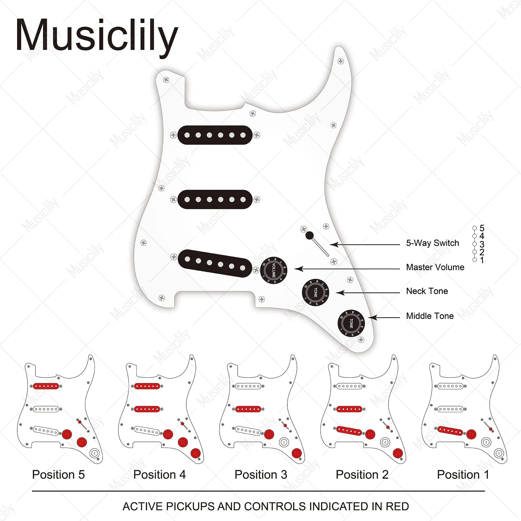 Dimensions of musiclily basic pre wired loaded standard st sss pickguard with ceramic magnet single coil pickups set for strat style electric guitar m276p