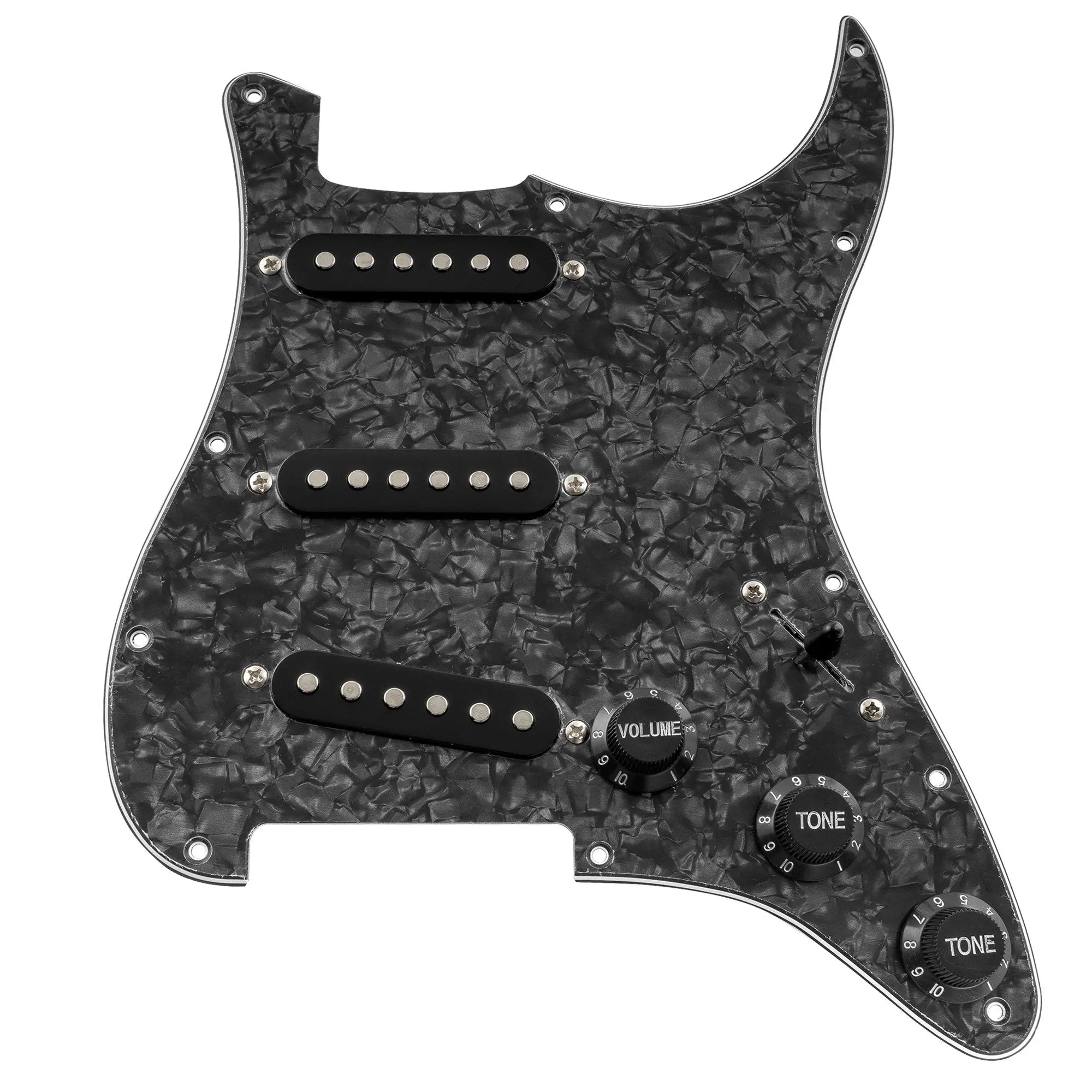 musiclily basic pre wired loaded standard st sss pickguard with ceramic magnet single coil pickups set for strat style electric guitar m276p, black pearl
