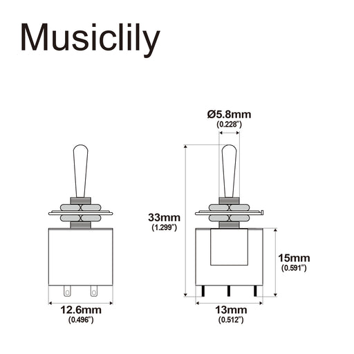 Dimensions of musiclily basic 3 way spdt guitar toggle switch 6 pin on off on selector mini m518p