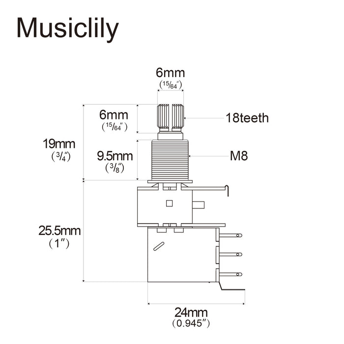 Dimensions of musiclily basic 250k 500k metric coarse 18 spline split shaft pots push pull audio linear taper potentiometers for electric guitar bass m067 2