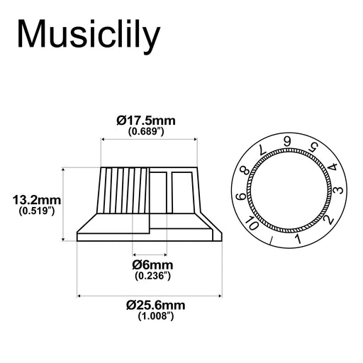 Dimensions of musiclily basic coarse 18 splines push on control knobs for imported strat style electric guitar 2t 1v m148p