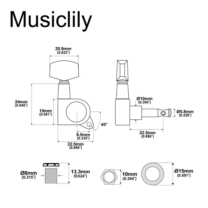 Musiclily Basic R15A Single 15:1 Ratio Full Sealed Machine Head Bass Side Tuner Tuning Peg Key with Big Hex Button for Acoustic Electric Guitar