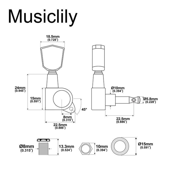 Musiclily Basic R15A Single 15:1 Ratio Full Sealed Machine Head Treble Side Tuner Tuning Peg Key with Keystone Button for Acoustic Electric Guitar