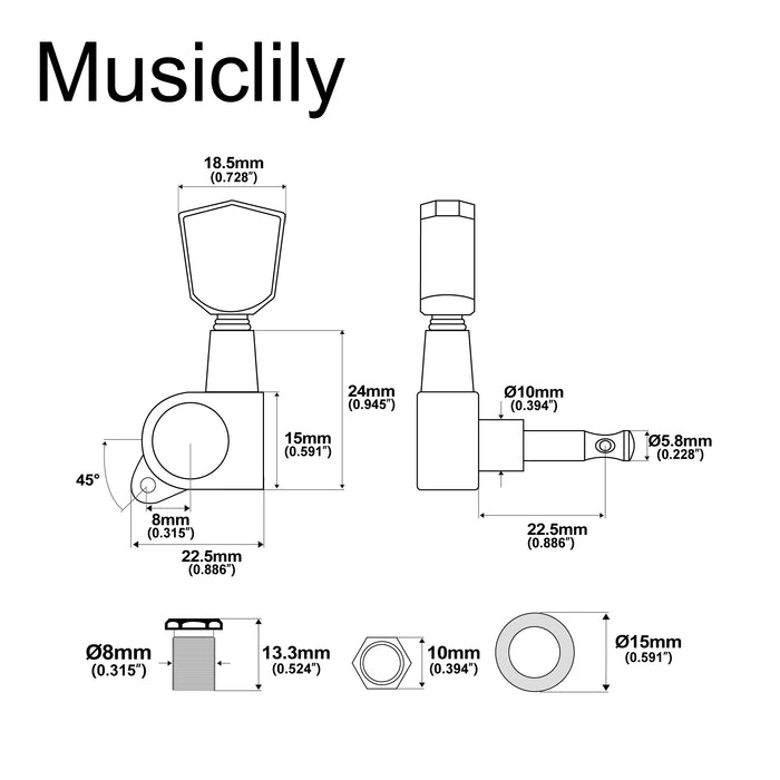 Musiclily Basic R15A Single 15:1 Ratio Full Sealed Machine Head Treble Side Tuner Tuning Peg Key with Keystone Button for Acoustic Electric Guitar