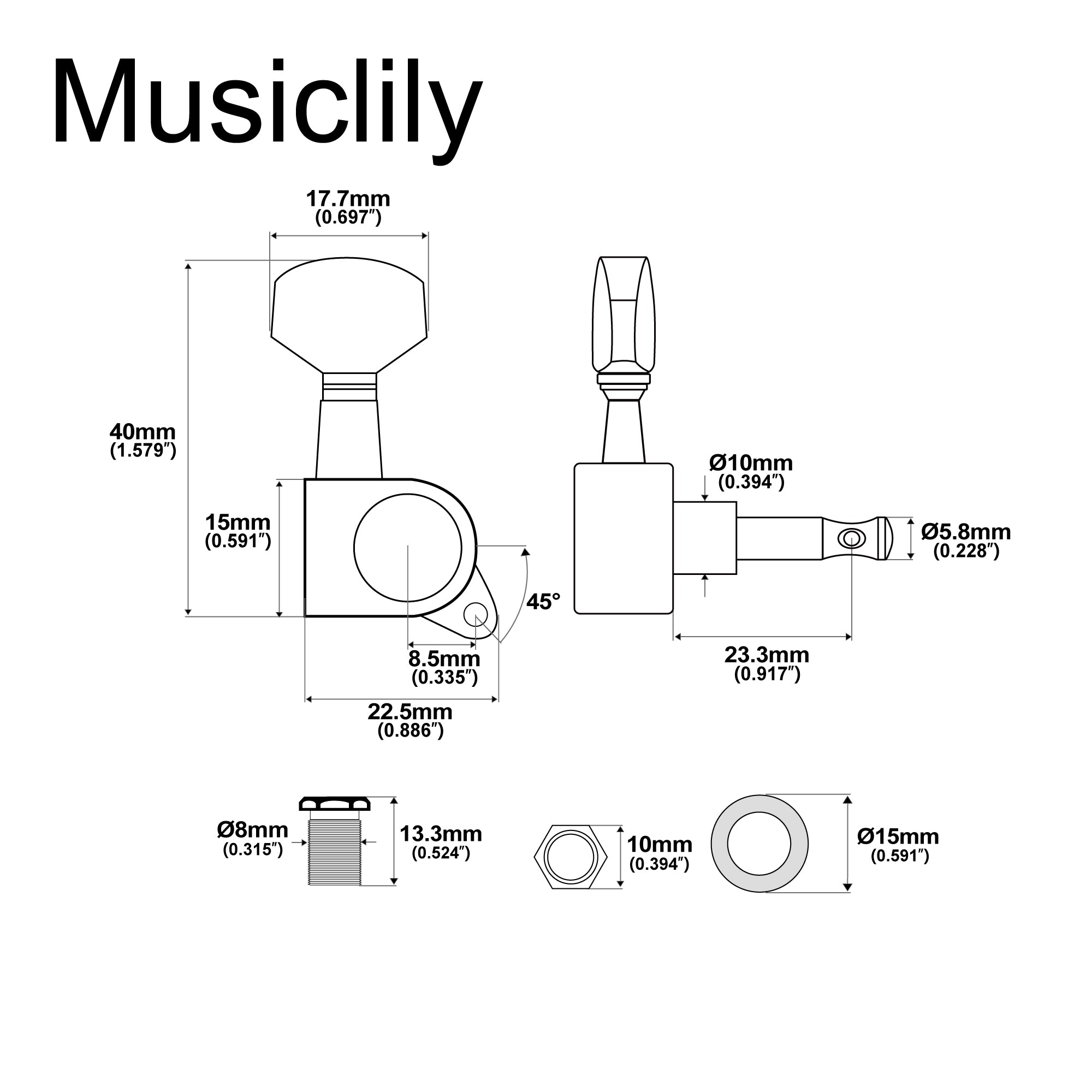 Musiclily Basic R15A 6-in-line Set Accordatori Sigillati Chiavi Pioli Teste di Macchina per Chitarra Stile Fender Strat Tele