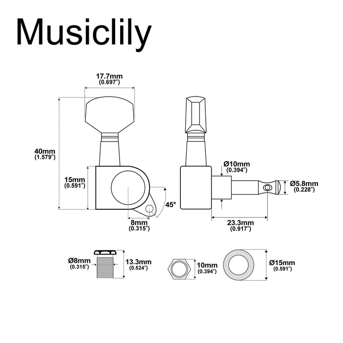 Musiclily Basic R15A Singolo Rapporto 15:1 Testata Macchina Intera Sigillata per Accordatura Lato Basso con Pulsante Esagonale per Chitarra Elettrica Stile Strat Tele