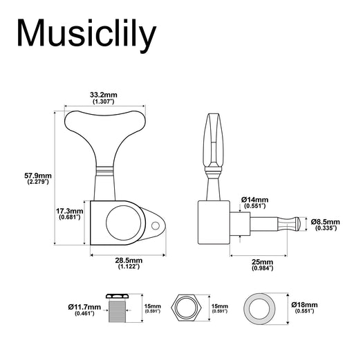 Dimensions of 3r3l full sealed bass tuners machine heads set for 5 6 string electric bass 19 1 ratio tuning pegs keys m176 3m177 3p