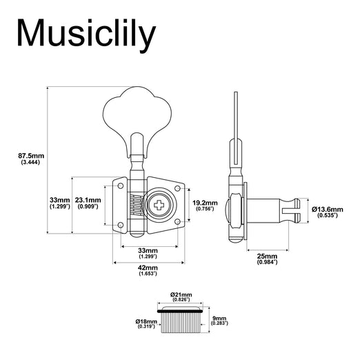 Dimensions of 4 in line open gear bass tuners machine heads set tuning pegs keys m180 4p