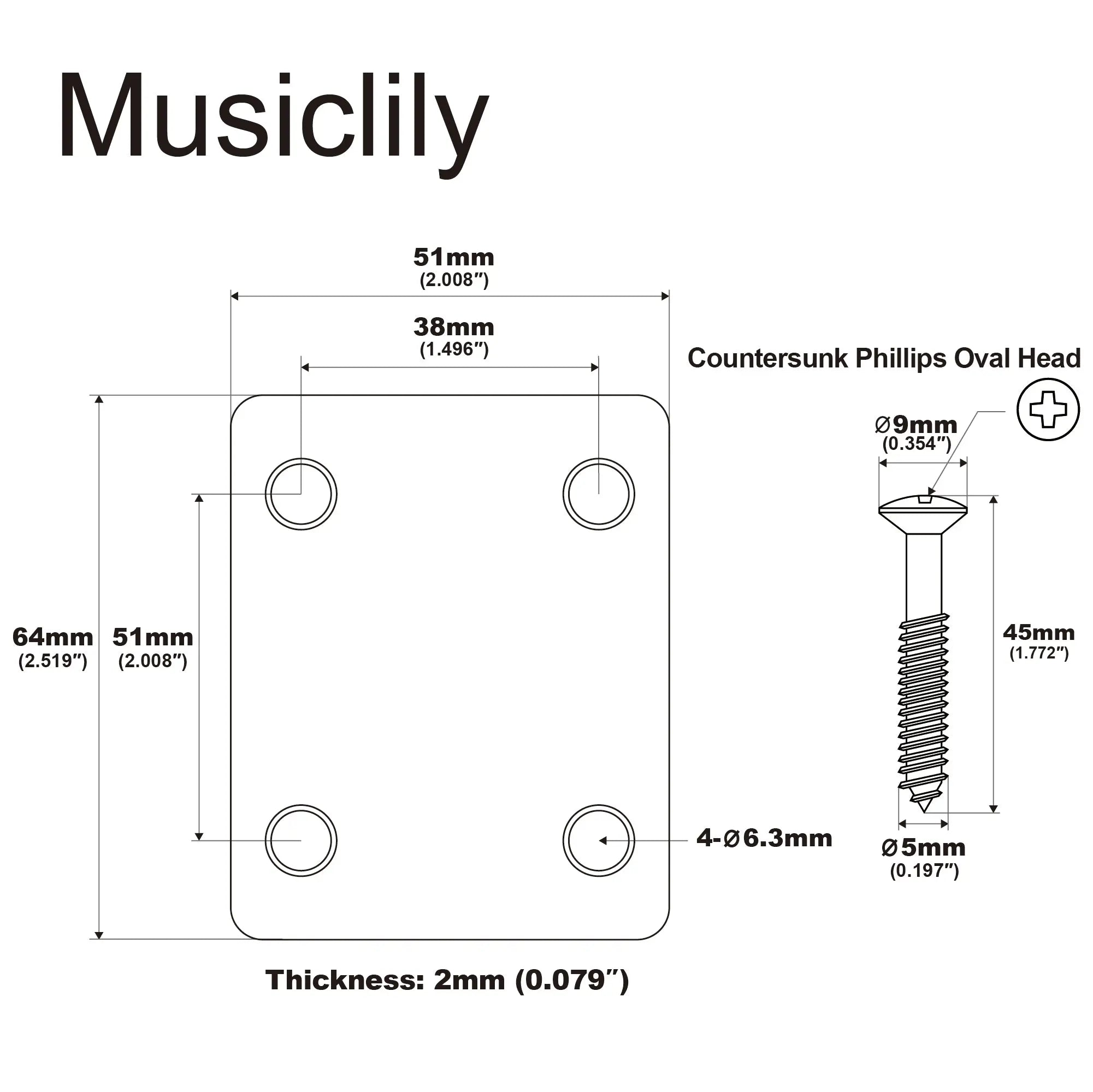 Dimensions of musiclily basic steel neck mounting plate for fender style guitar or bass m188p