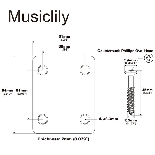 Dimensions of musiclily basic steel neck mounting plate for fender style guitar or bass m188p