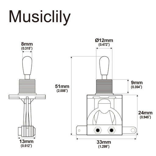 Dimensions of metric 3 way short straight guitar toggle switch pickup selector for lp style electric guitar m193p