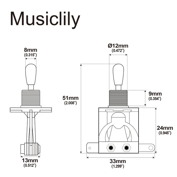 Dimensions of metric 3 way short straight guitar toggle switch pickup selector for lp style electric guitar m193p
