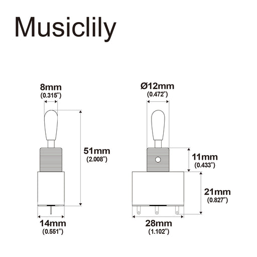 Dimensions of musiclily basic metric 3 way guitar sealed box style pickup toggle switch m195p
