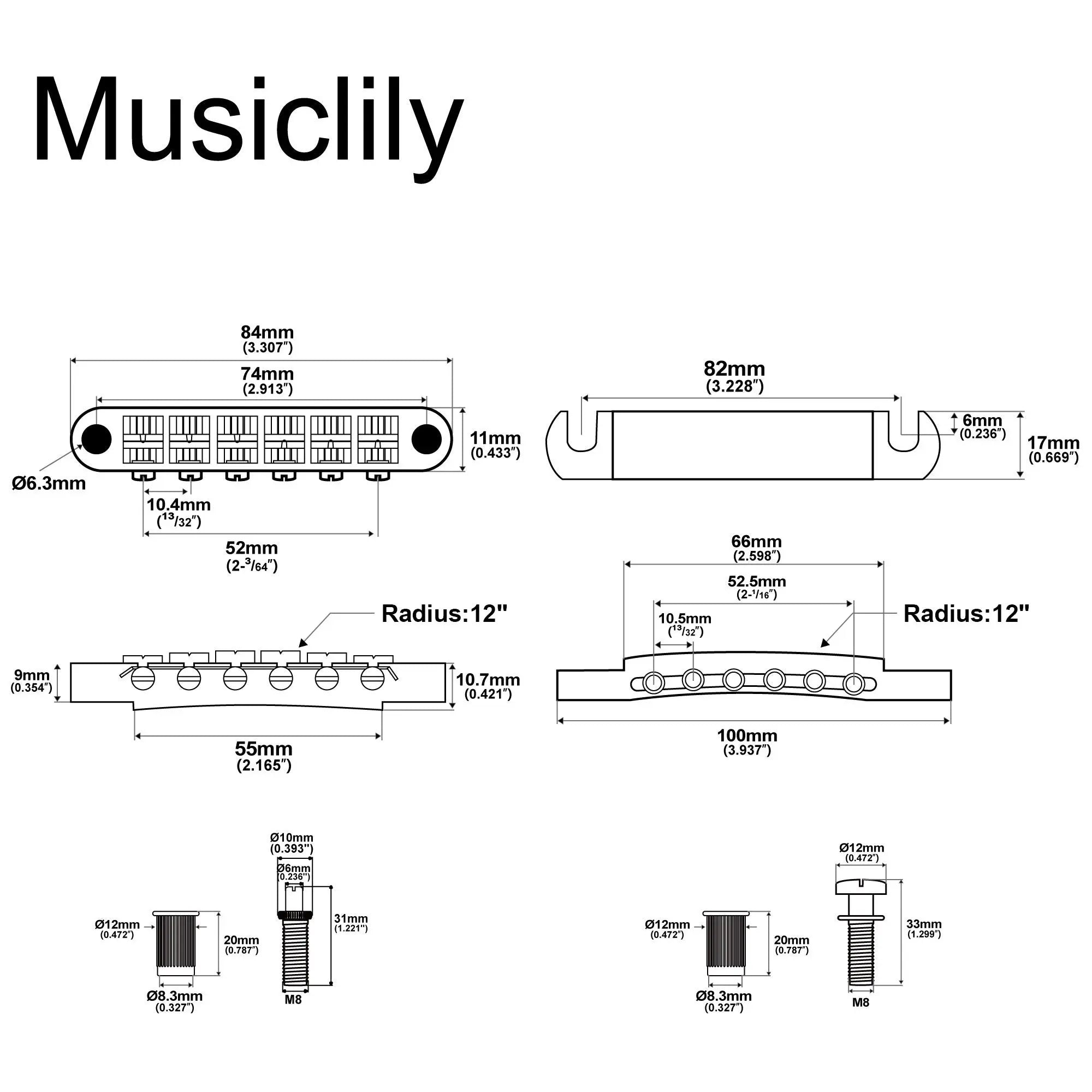 Musiclily Basic 52mm(2-3/64 inch) 52.5mm(2-1/16 inch) ABR-1 Style Tune-o-matic Bridge and Tailpiece Set for LP Style Guitar Musiclily Basic