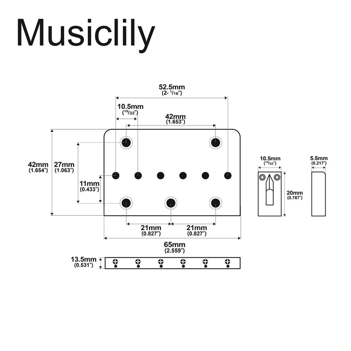 Musiclily Basic 52,5 mm (2-1/16 pollici) sella rigida fissa a doppio carico per ponte della chitarra elettrica a 6 corde Fender Strat Tele style