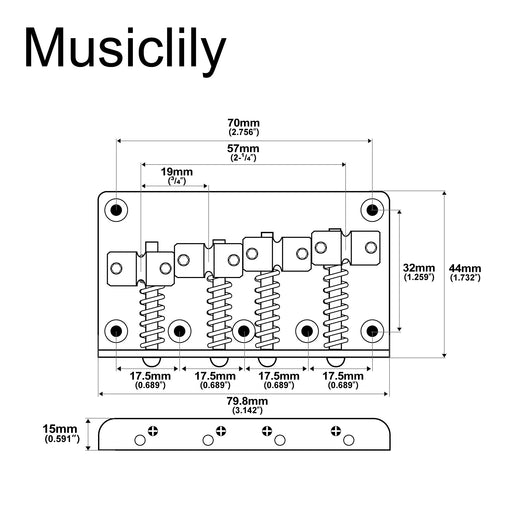 Dimensions of musiclily basic 57mm2 1 4 inch 4 string top loading non tremolo fixed hardtail bass bridge for jazz bass and precision bass m216
