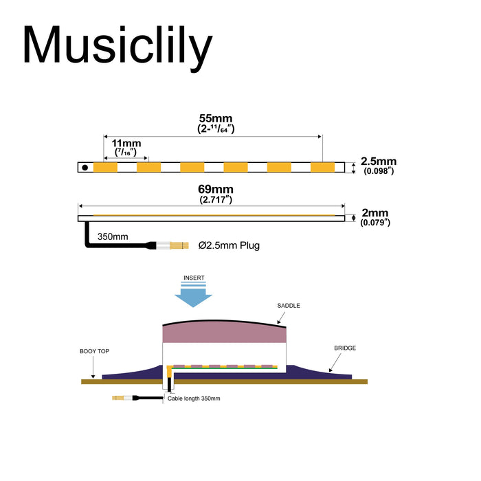 Dimensions of musiclily basic ceramic guitar pickup under saddle piezo for acoustic or classical guitar m253