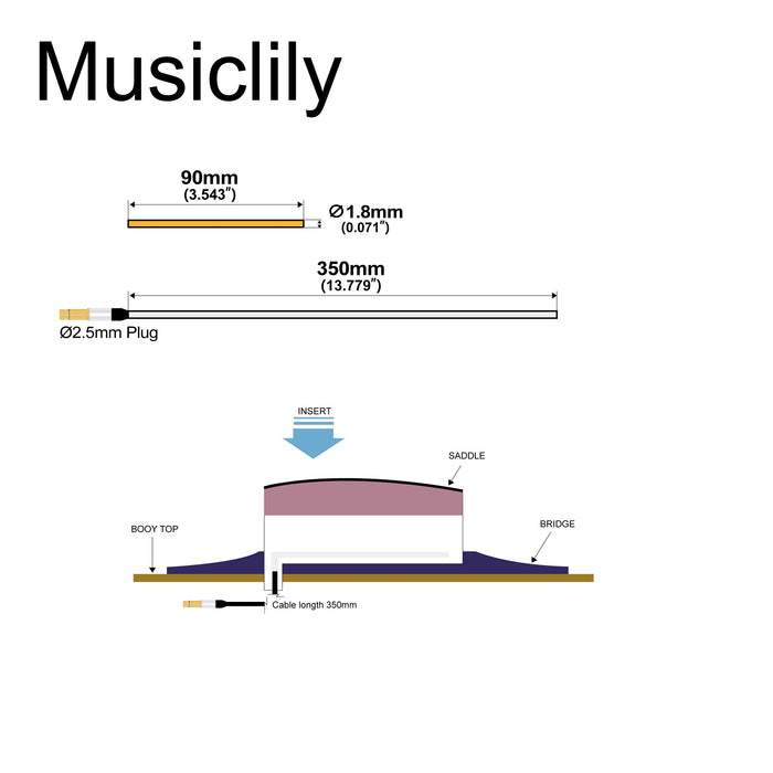 Dimensions of musiclily basic soft guitar pickup under saddle piezo for acoustic or classical guitar m254