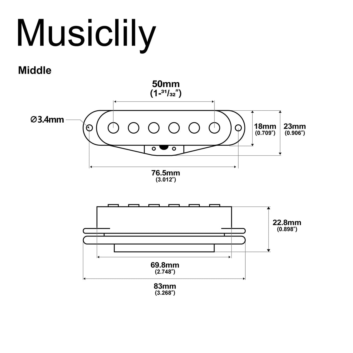 Dimensions of musiclily basic 50mm ceramic guitar single coil middle pickup for strat or squier style m269