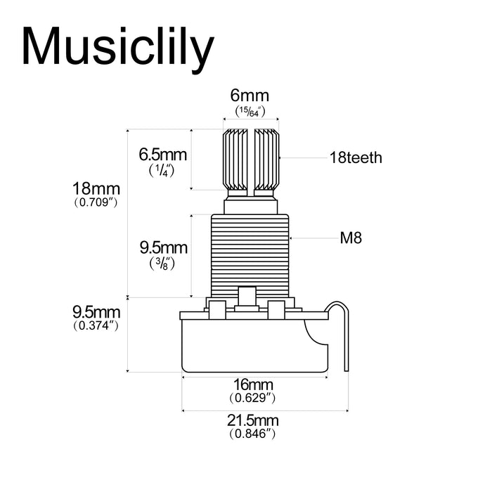 Dimensions of musiclily basic 250k mini metric coarse 18 spline split shaft pots audio linear taper potentiometers for electric guitar bass m282 2