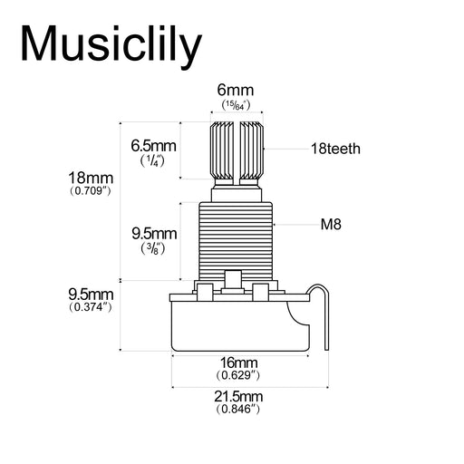 Dimensions of musiclily basic 500k mini metric coarse 18 spline split shaft pots audio linear taper potentiometers for electric guitar bass m284 2
