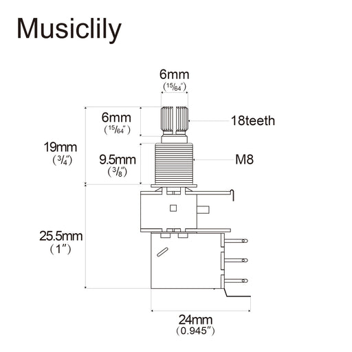 Dimensions of musiclily basic 500k metric coarse 18 spline split shaft pots push pull audio linear taper potentiometers for electric guitar bass m290 2