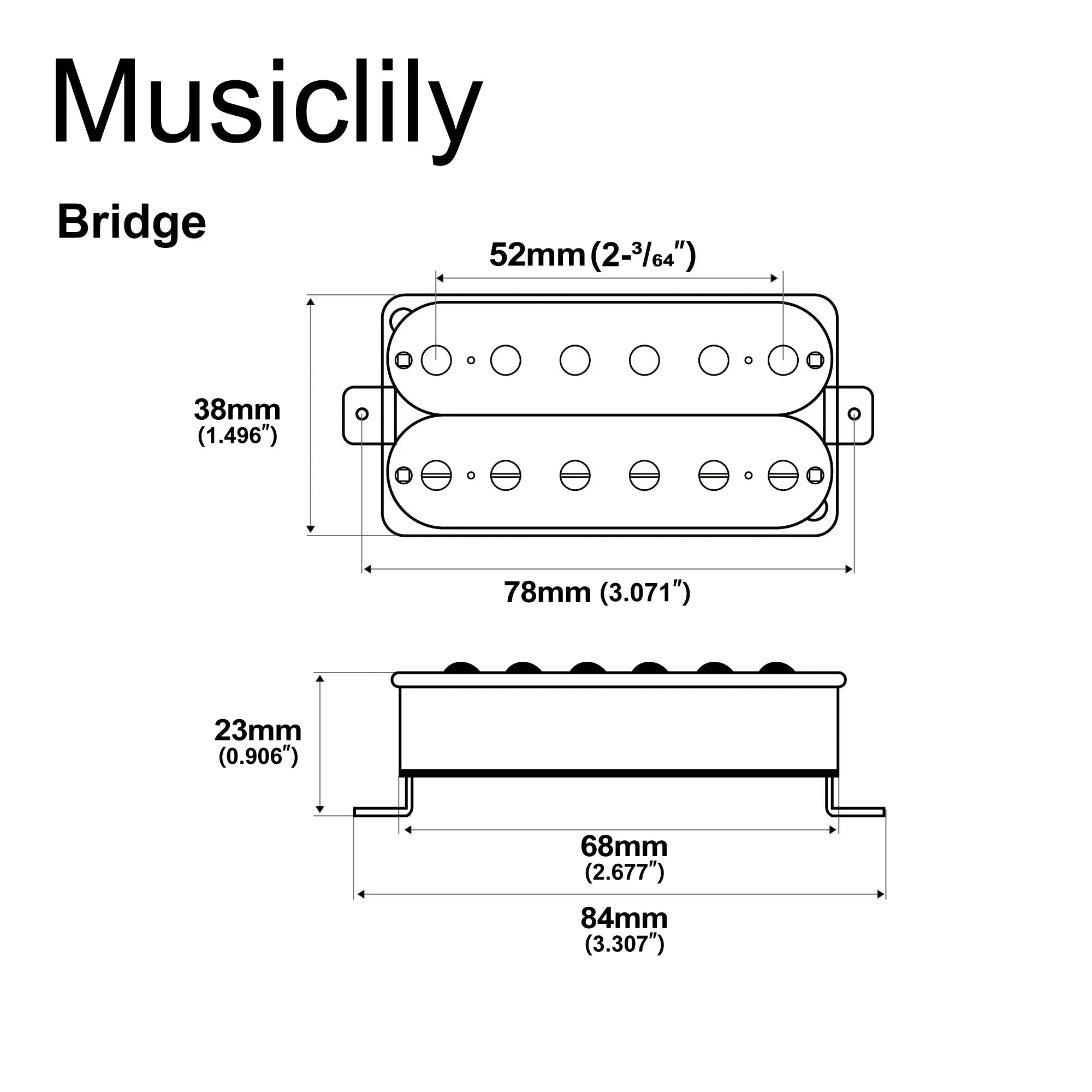 Dimensions of musiclily basic 52mm ceramic humbucker bridge pickup for electric guitar m427