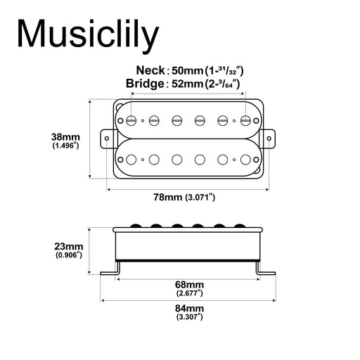 Dimensions of musiclily basic ceramic humbucker pickups neck bridge set 50mm 52mm for electric guitar m427m433
