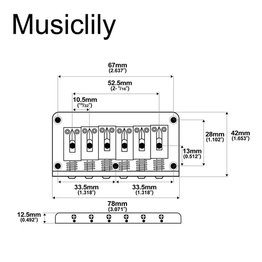 Dimensions of musiclily basic 52 5mm2 1 16 inch 6 string non tremolo guitar fixed saddle hardtail bridge for fender strat tele style electric guitar m508