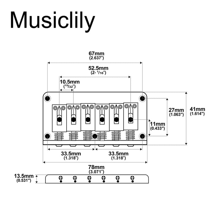Musiclily Basic 52.5mm(2-1/16 inch) 6 String Non-Tremolo Guitar Fixed Saddle Hardtail Bridge for Fender Strat Tele Style Electric Guitar