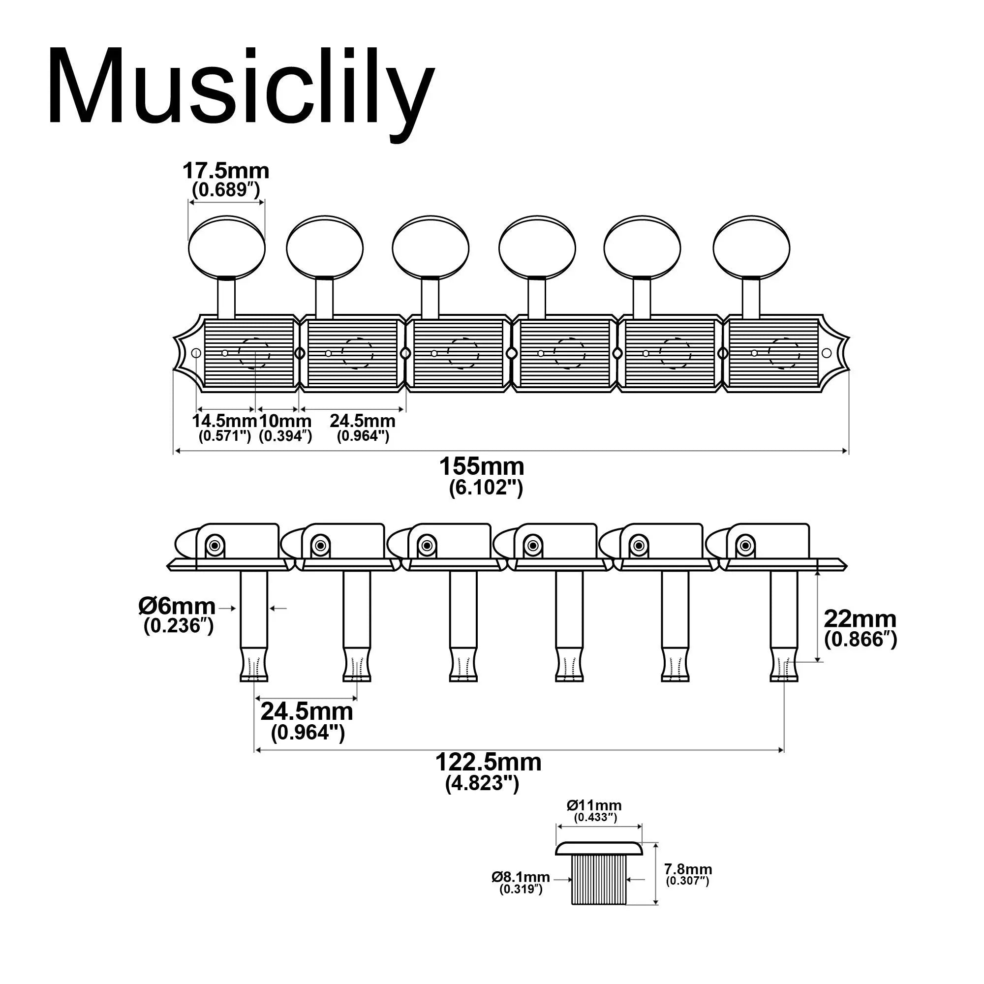 Dimensions of musiclily basic vintage style 6 in line guitar tuners split shaft tuning pegs keys machine heads for strat squier or tele style m510