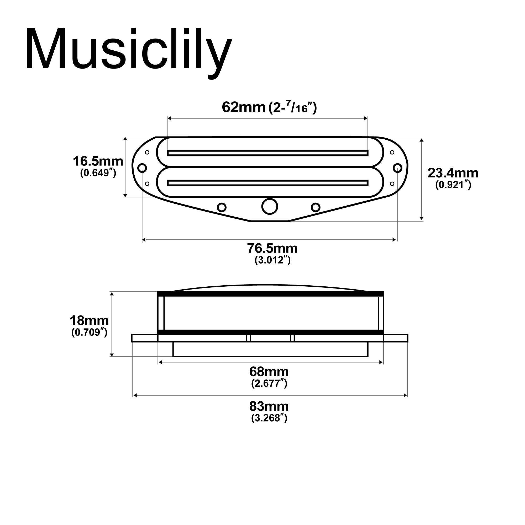 Dimensions of musiclily basic rail blade ceramic single coil sized humbucker pickup for strat style electric guitar m533p